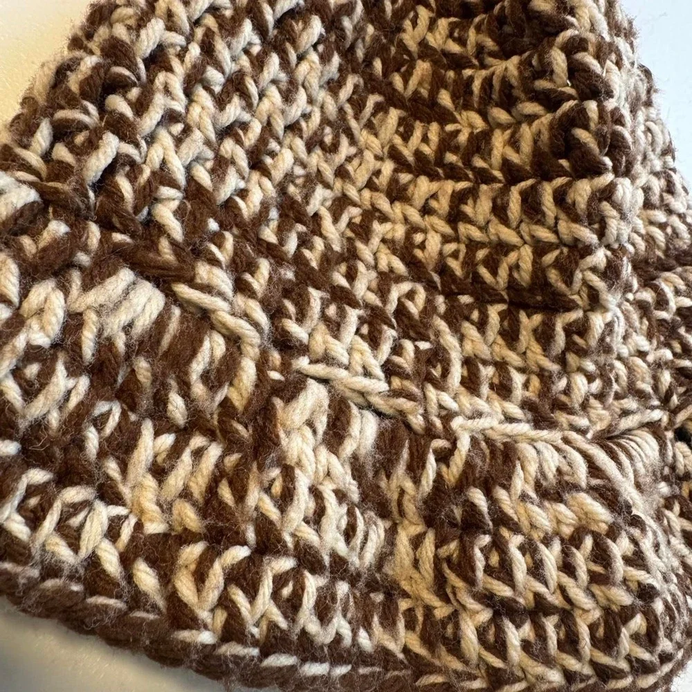 Vintage Handmade Crochet Bucket Hat Brown Cream Chunky Knit Rolled Brim Hat